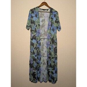 Sheer Black Blue Green Floral Kimono Duster Fairycore Whimsigoth Large